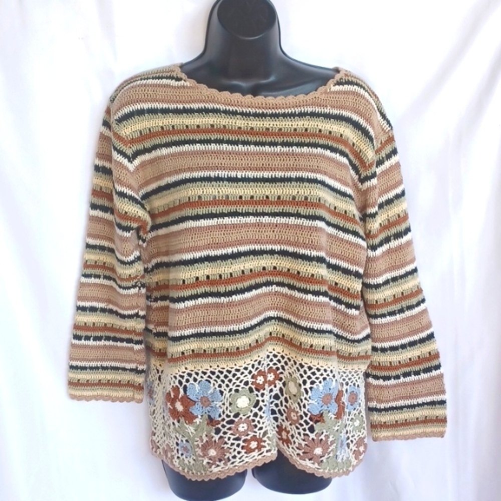 White Stag Sweater Crochet Floral Vintage Bohemian Grandma Cottagecore LRge